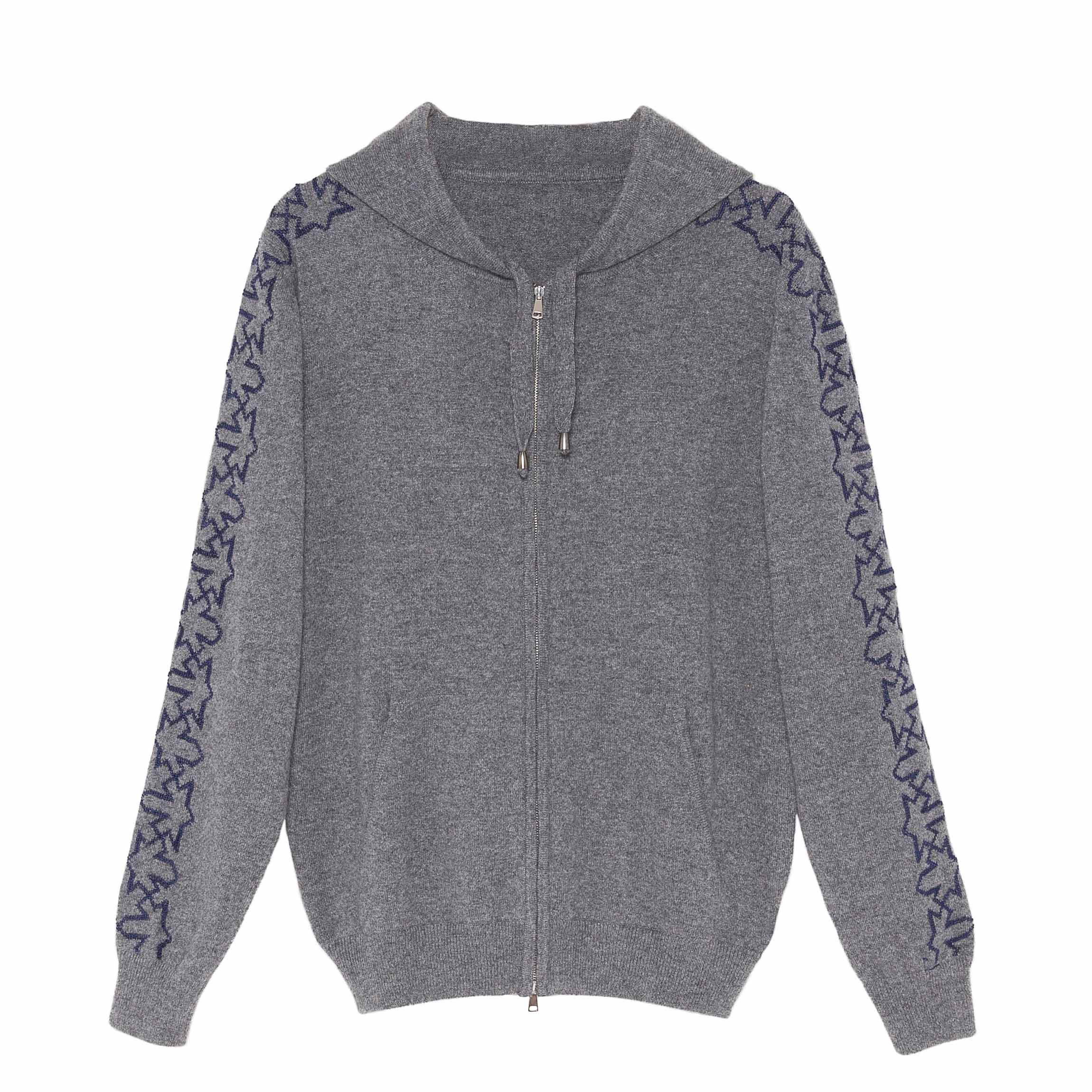 GRAY CASHMERE ZIPPER HOODIE | CLASSIC CUT RIBBED CUFFS AND