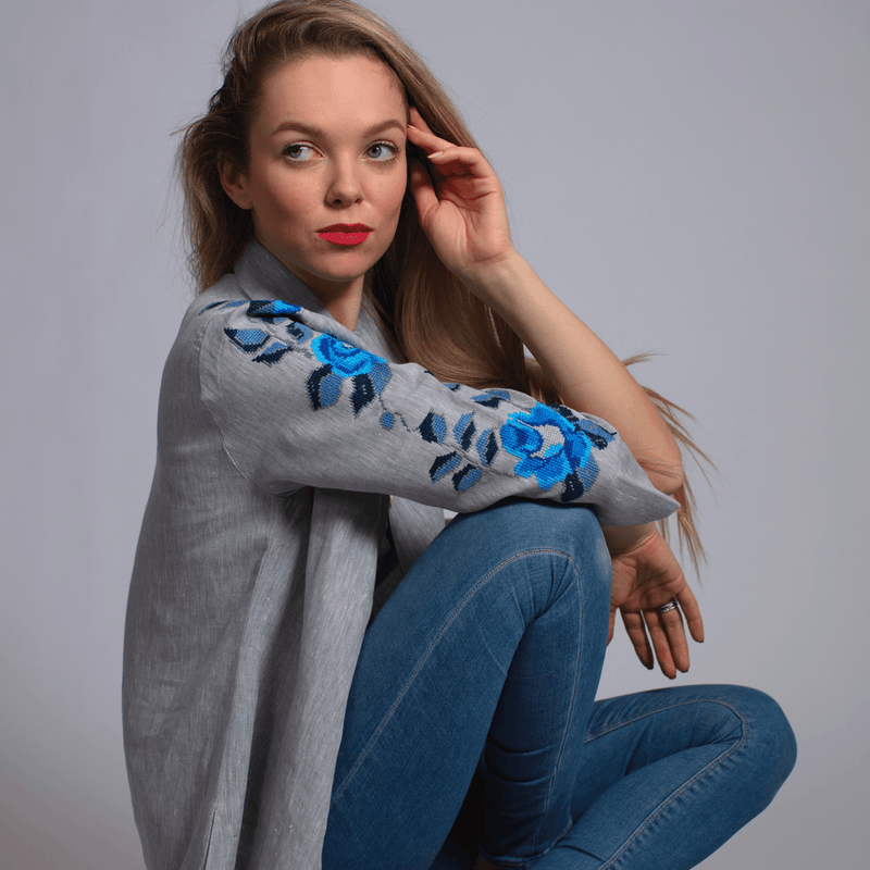 GRAY LINEN SHIRT DRESS SEA BLUE HANA ROSE
