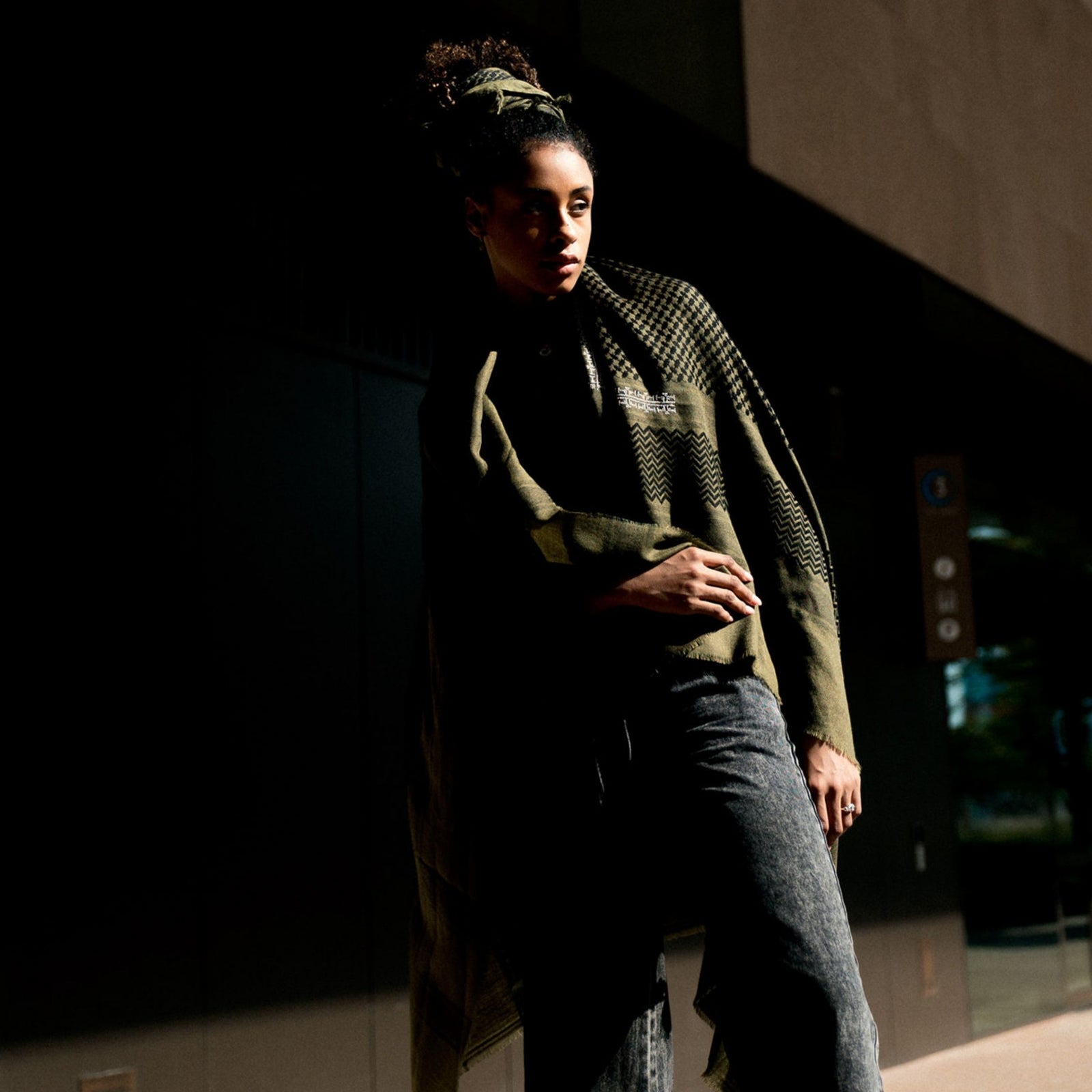 KHAKI MERINO WOOL & SILK SHAWL IBRAHIM KEFFIYEH