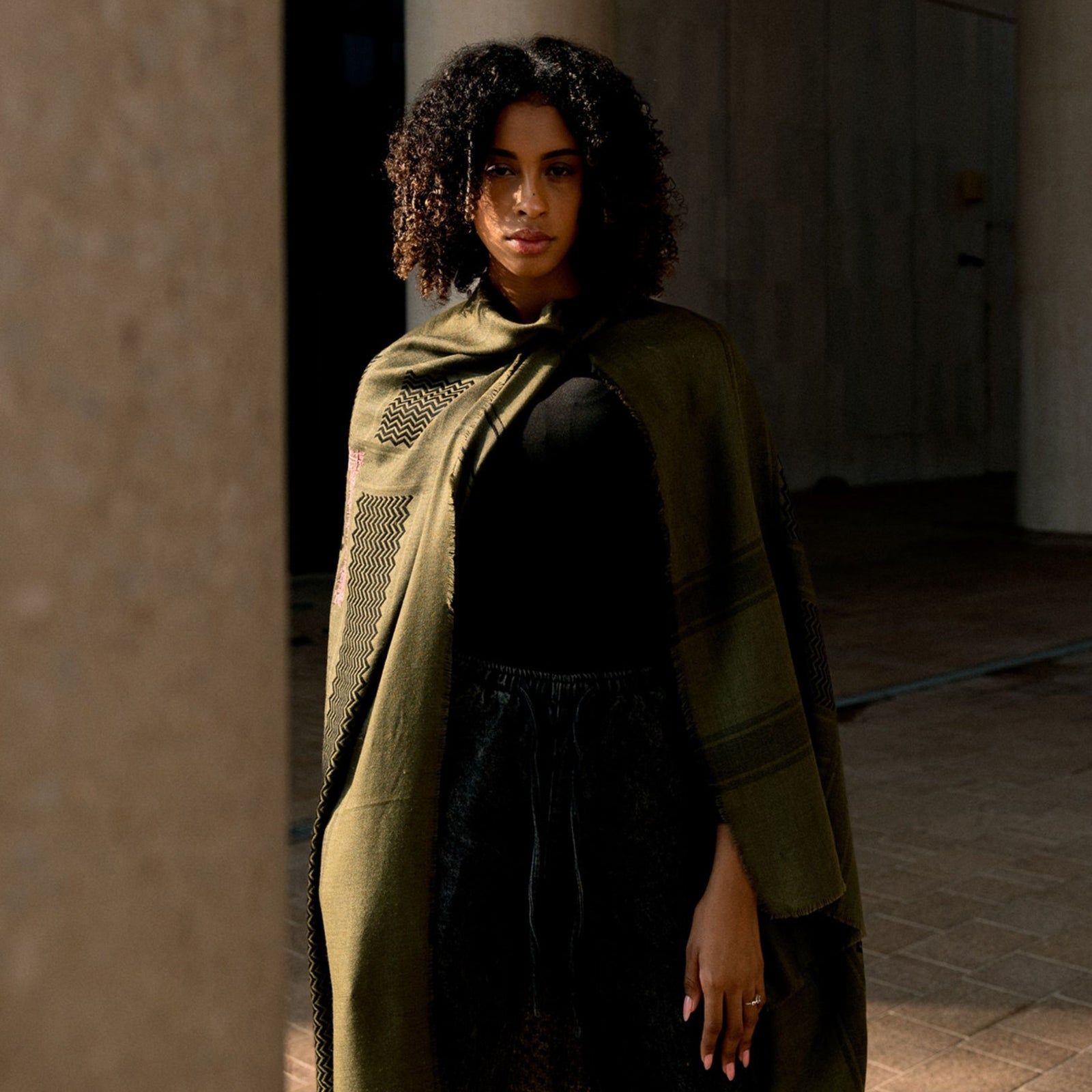 KHAKI MERINO WOOL & SILK SHAWL IBRAHIM KEFFIYEH