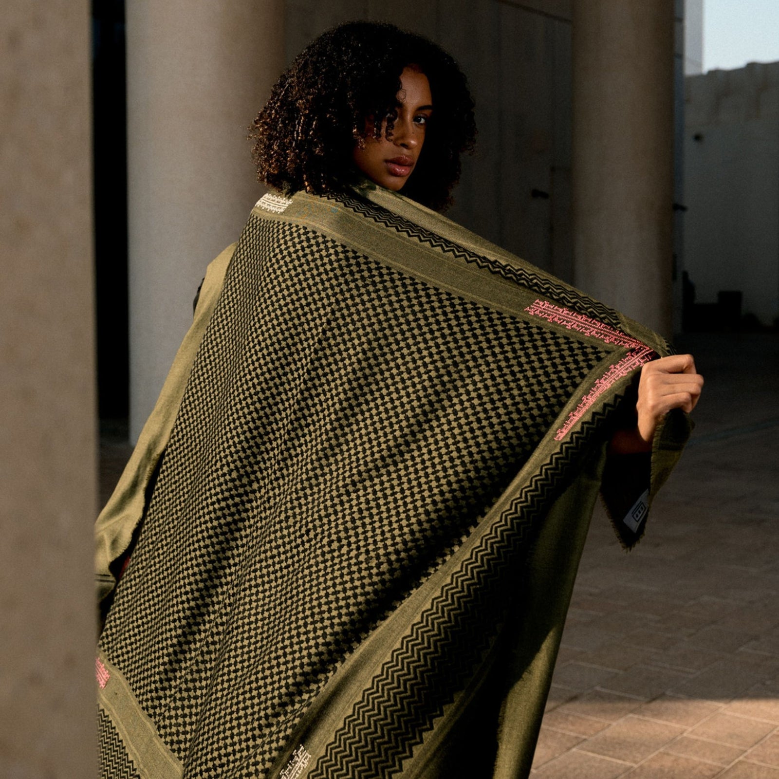 KHAKI MERINO WOOL & SILK SHAWL IBRAHIM KEFFIYEH