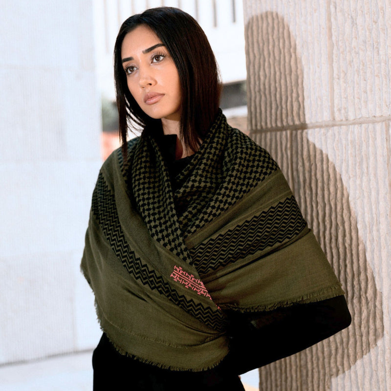 KHAKI MERINO WOOL & SILK SHAWL IBRAHIM KEFFIYEH