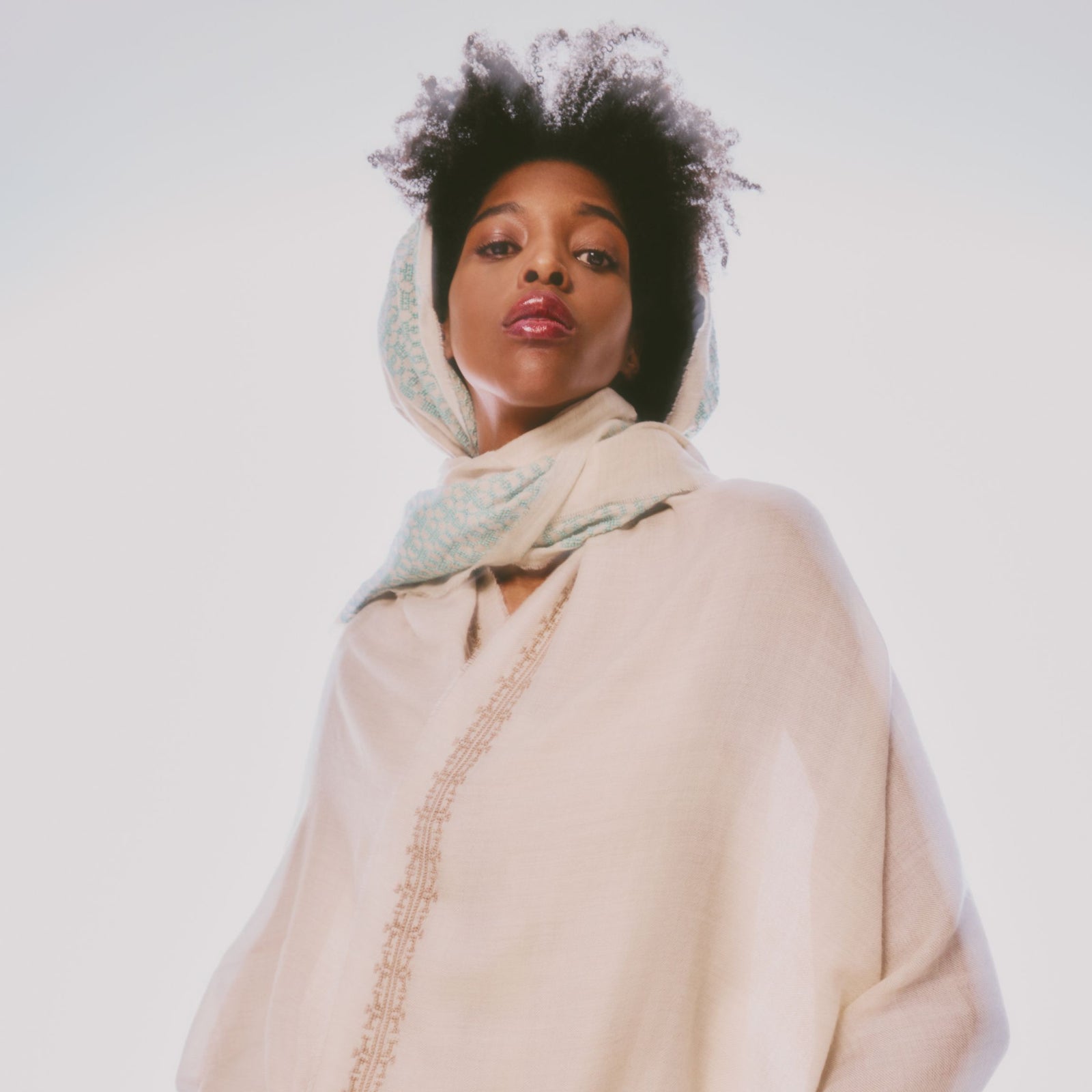 BEIGE CASHMERE & SILK SHAWL AQUA GREEN BEEHIVE