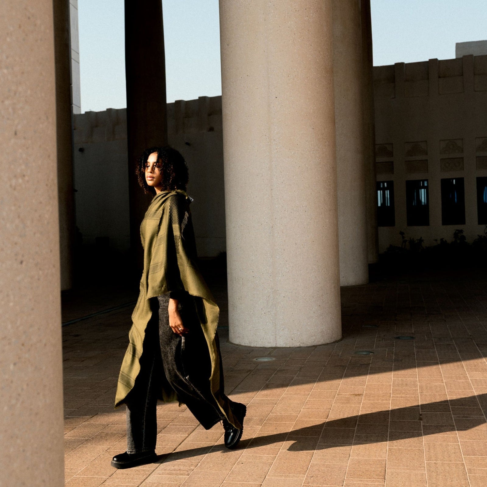 KHAKI MERINO WOOL & SILK SHAWL IBRAHIM KEFFIYEH