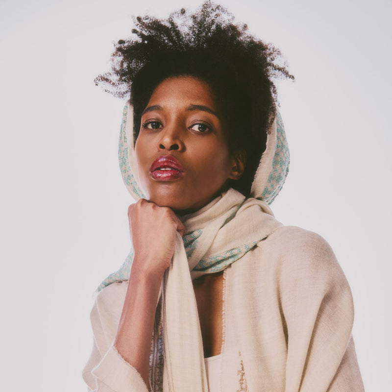 BEIGE CASHMERE & SILK SHAWL AQUA GREEN BEEHIVE