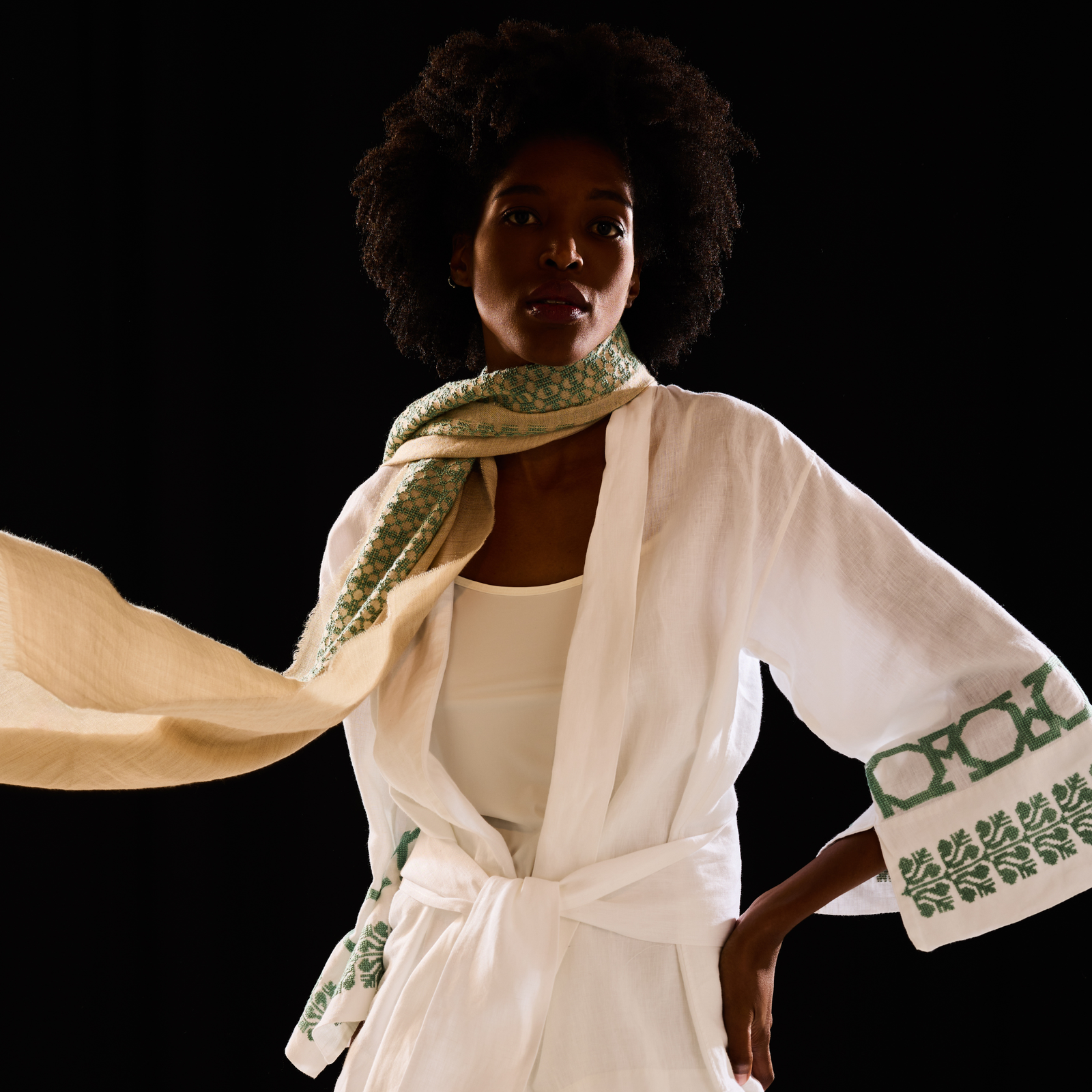 BEIGE CASHMERE & SILK SHAWL AQUA GREEN BEEHIVE