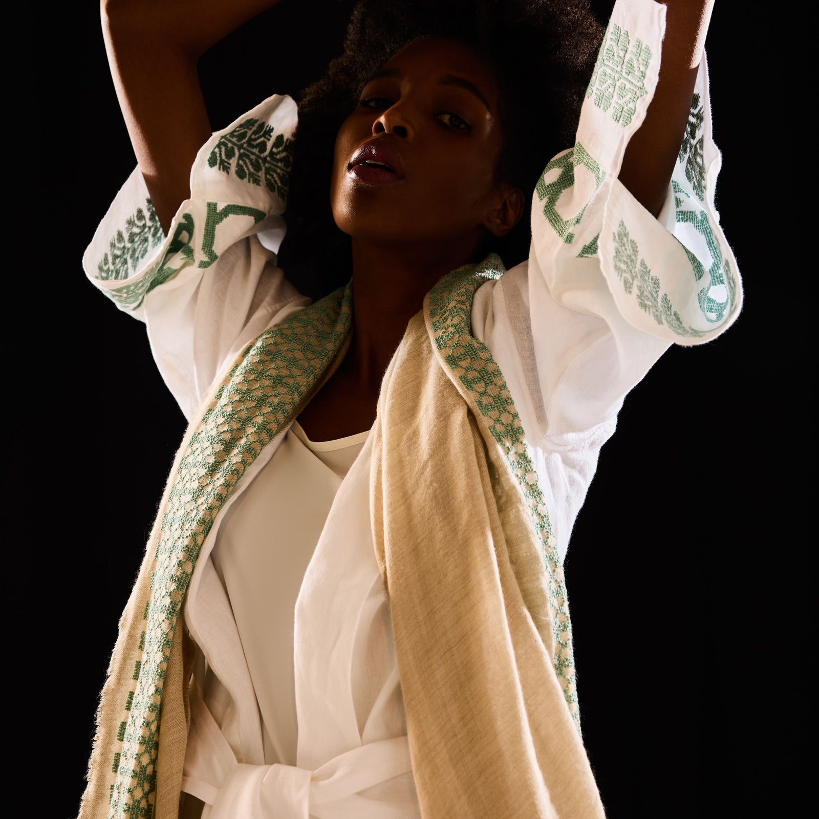 BEIGE CASHMERE & SILK SHAWL AQUA GREEN BEEHIVE