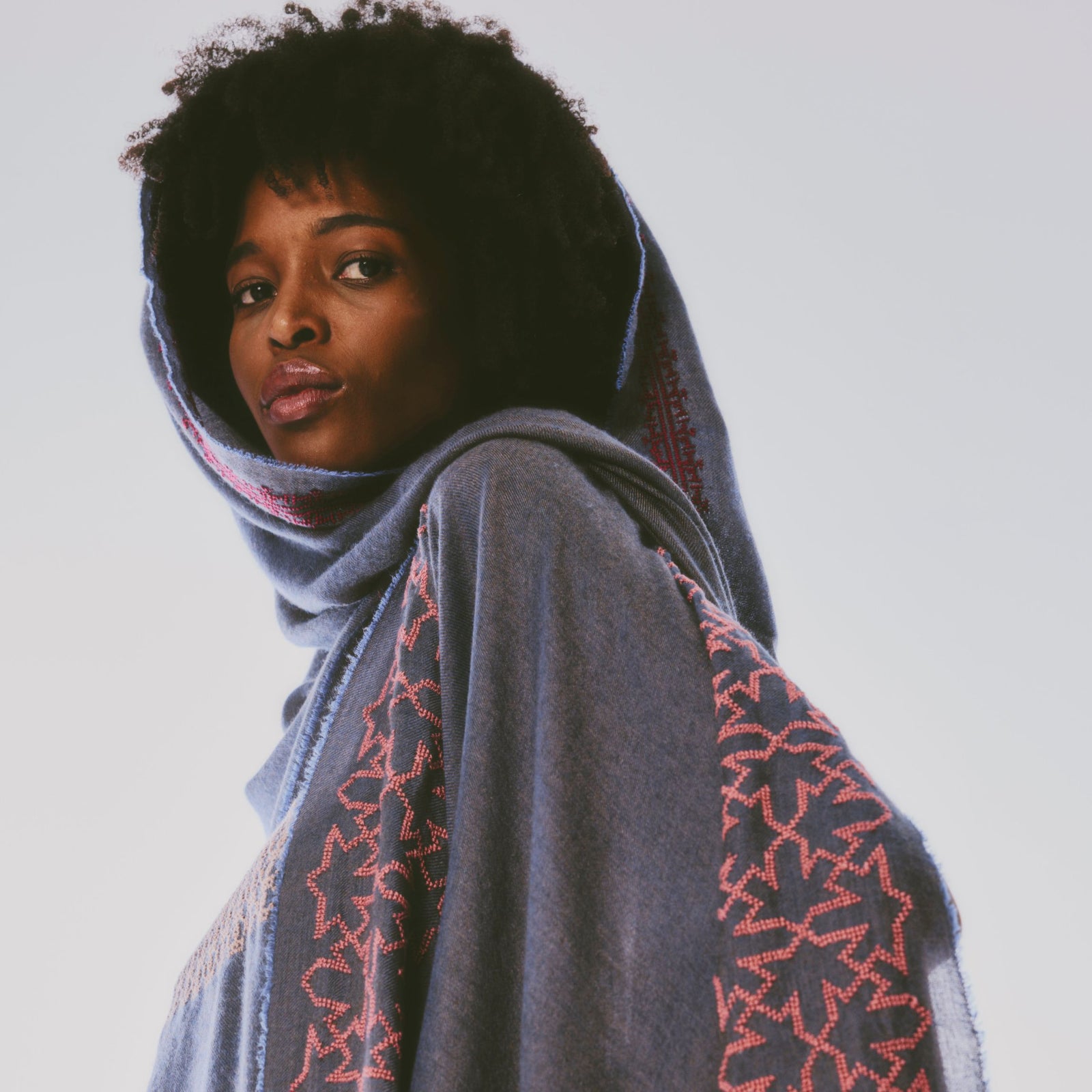 BLUE CASHMERE & SILK SHAWL BURGUNDY IBRAHIM