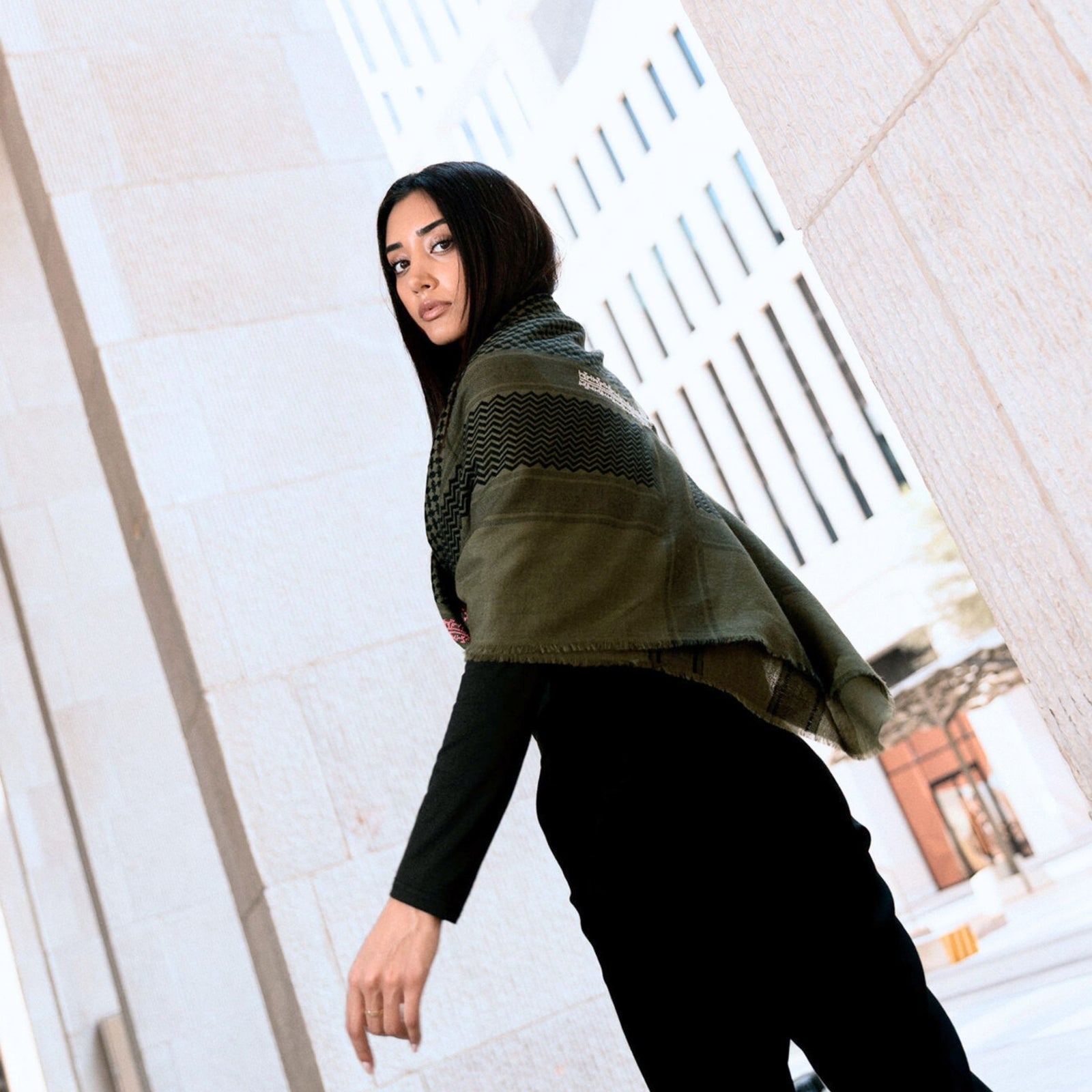 KHAKI MERINO WOOL & SILK SHAWL IBRAHIM KEFFIYEH