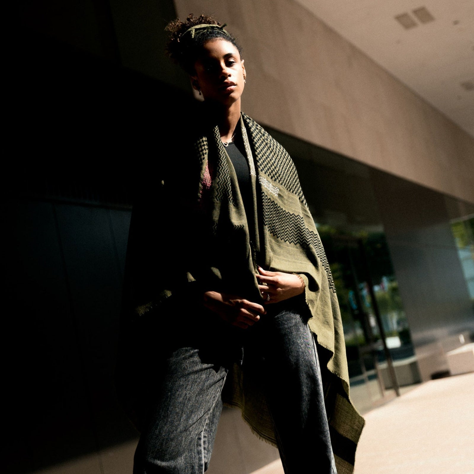 KHAKI MERINO WOOL & SILK SHAWL IBRAHIM KEFFIYEH