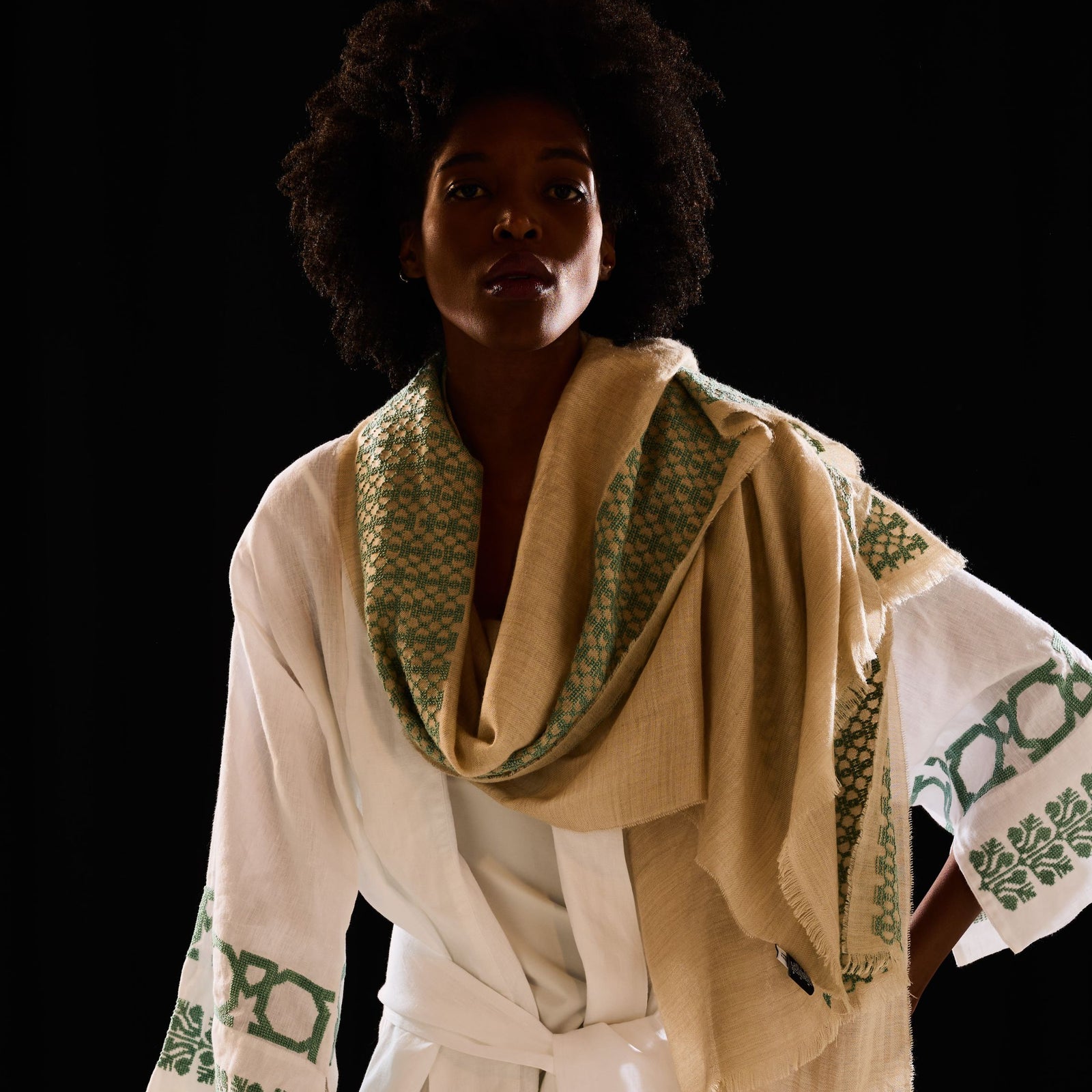 BEIGE CASHMERE & SILK SHAWL AQUA GREEN BEEHIVE