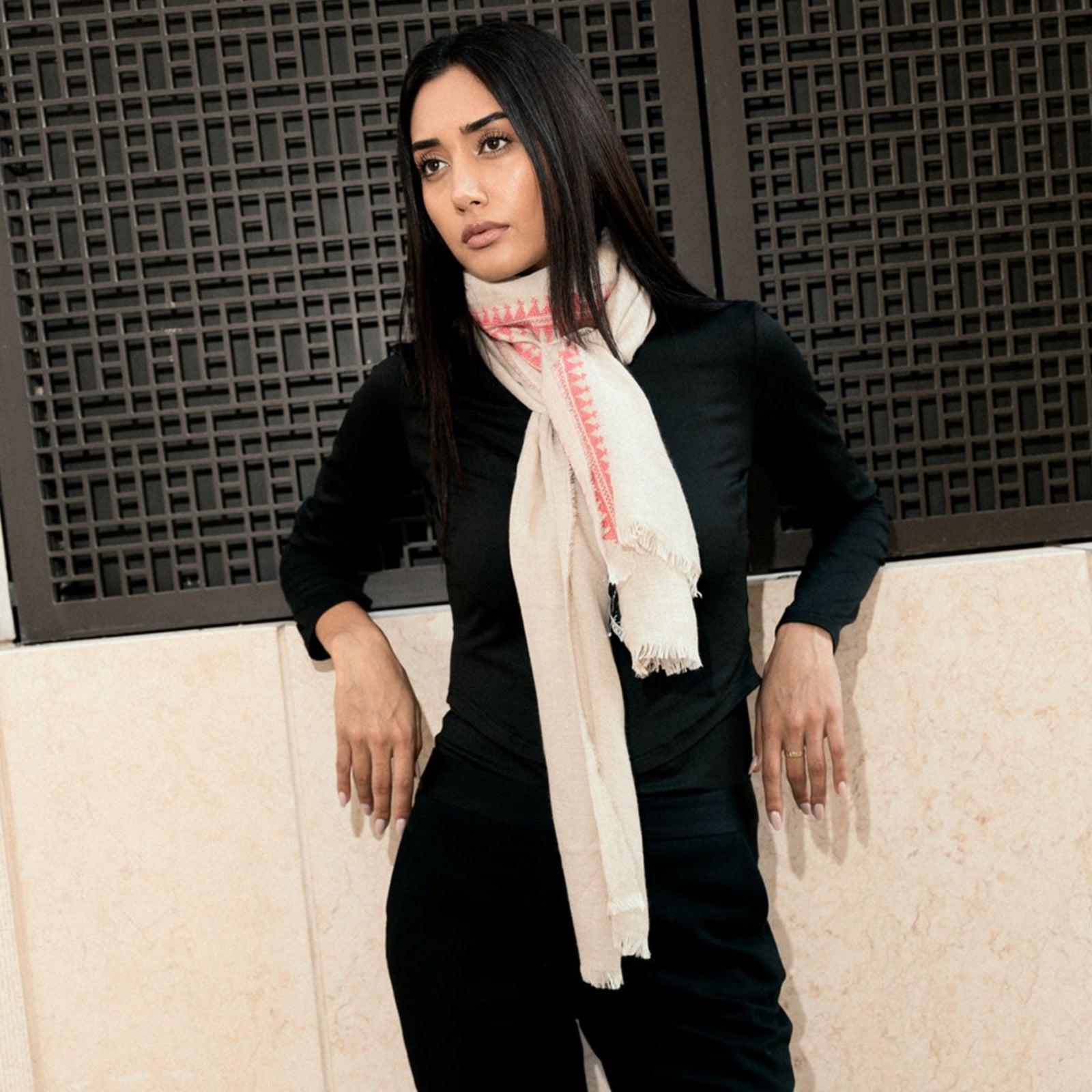 BEIGE CASHMERE & SILK SHAWL PINK MARY MAGDALENE