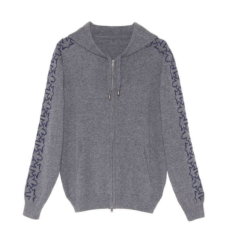 GRAY CASHMERE ZIPPER HOODIE | CLASSIC CUT RIBBED CUFFS AND WAIST