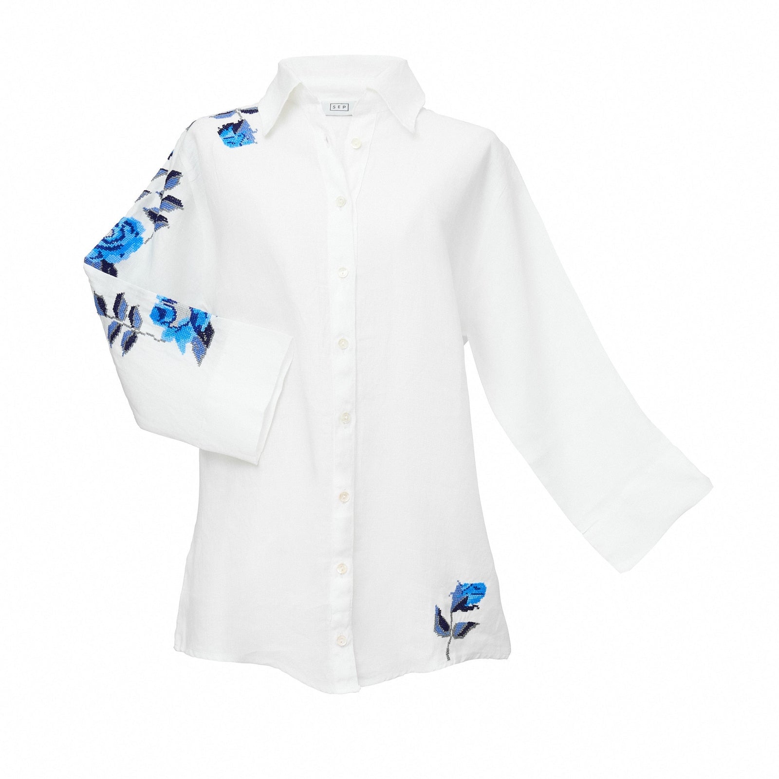 WHITE LINEN SHIRT BLUE HANA ROSE