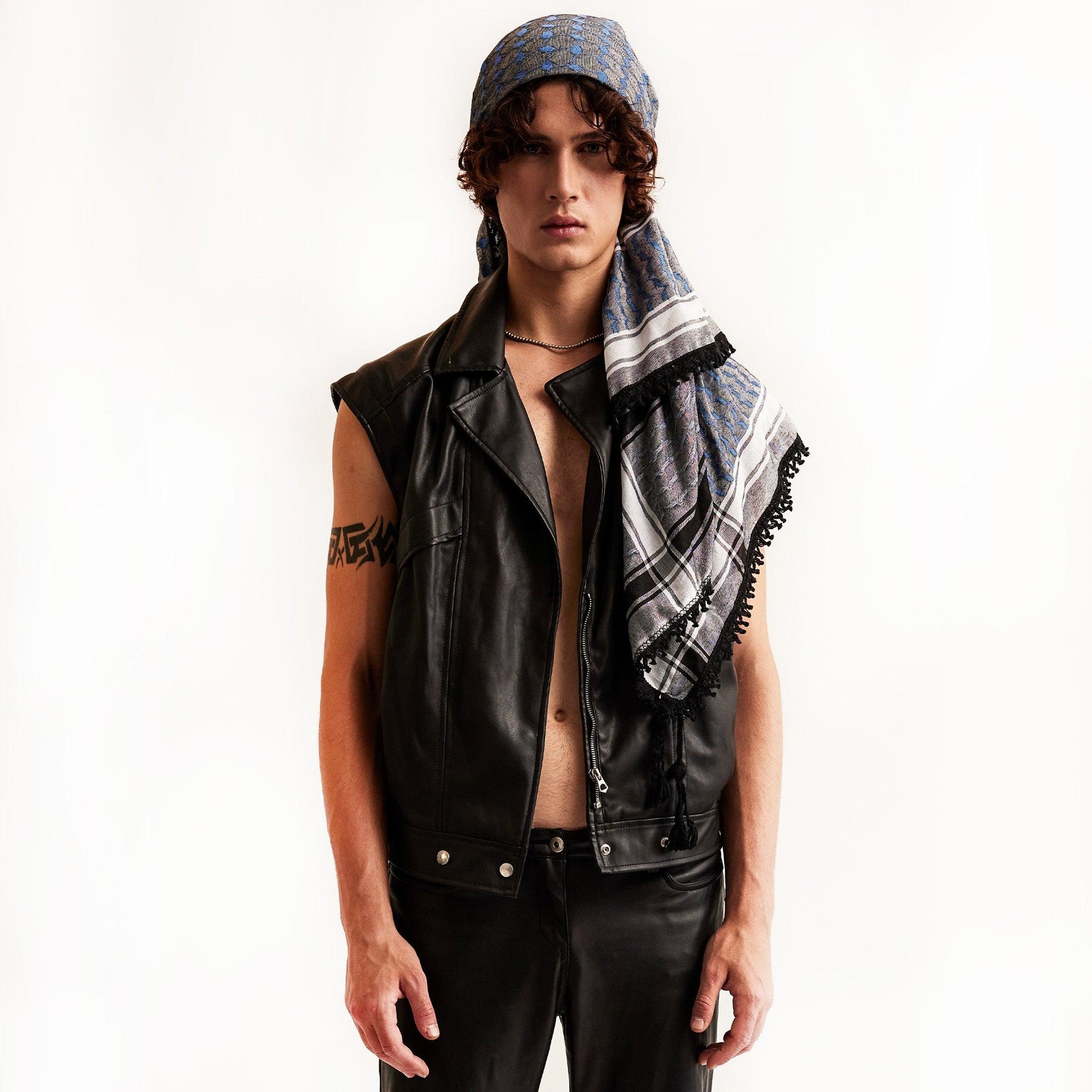 Stormy: Leather Moto Jacket with Louis Vuitton Scarf and Gray
